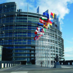 Flags outside the European Parliament building Louise Weiss in Strasbourg