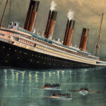 Atlantic liner ‘Titanic’ (Br, 1912) sinking, bow first, 1912, with eight full lifeboats nearby and an iceberg in the distance_banner